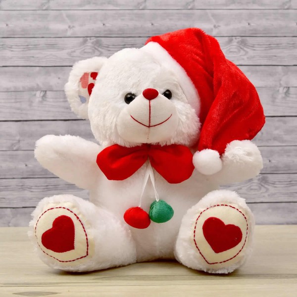 White 15 Inch Christmas Bow Teddy Bear with Santa Cap